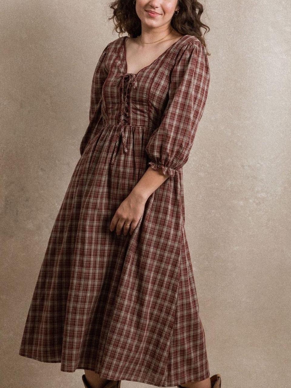 Neuflora New England Dress Xs Nwt Plaid Lace-Up Midi In Brown Red Stretch Small